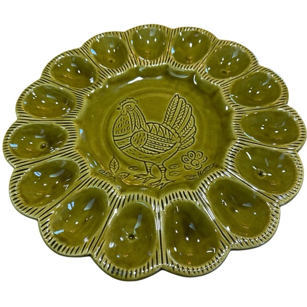 Vintage CALIF USA S 29 Deviled Egg Platter Avocado Green Chicken Folk Art - Picture 1 of 11